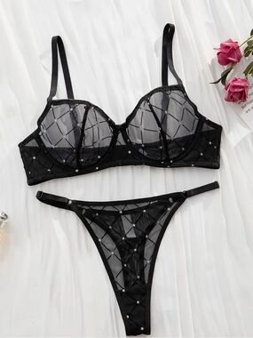 Sheer Embellished Black Mesh Bra & Thong Set - Elegant Women's Intimates
